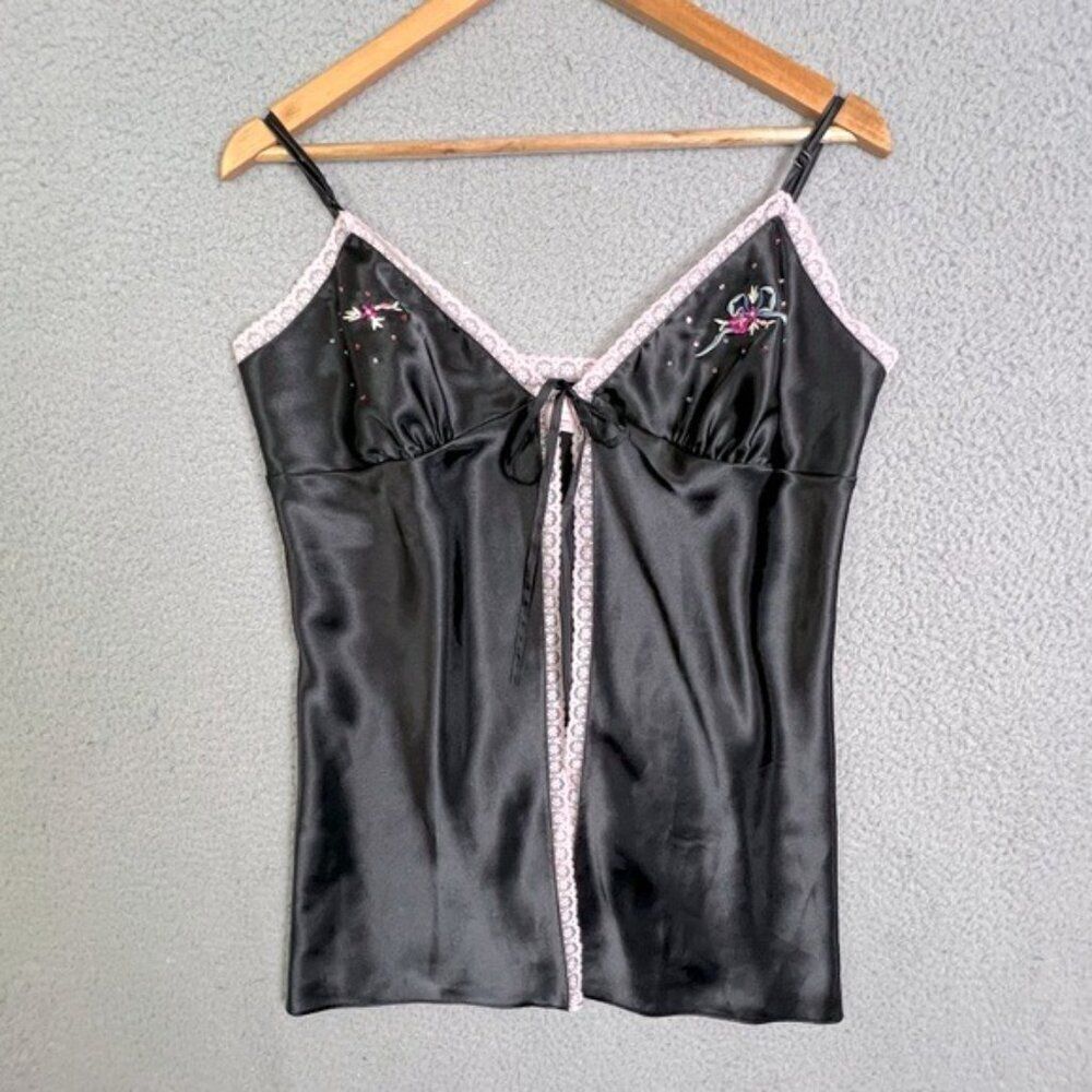 VICTORIAS SECRET BLACK TEDDY CAMISOLE TIE FRONT SIZE L WITH PINK FRILLS - Picture 12 of 12